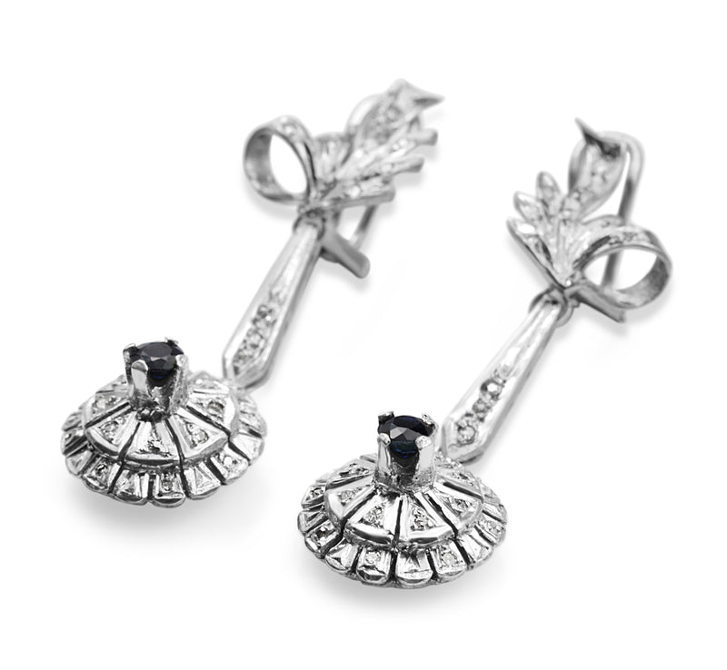 Palladium Sapphire and Diamond Vintage Drop Earrings