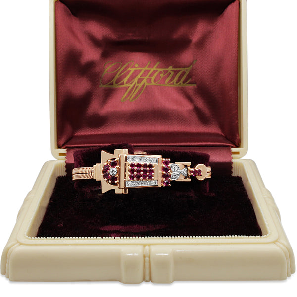 14ct Rose Gold Art Deco Ruby and Diamond Watch / Bracelet