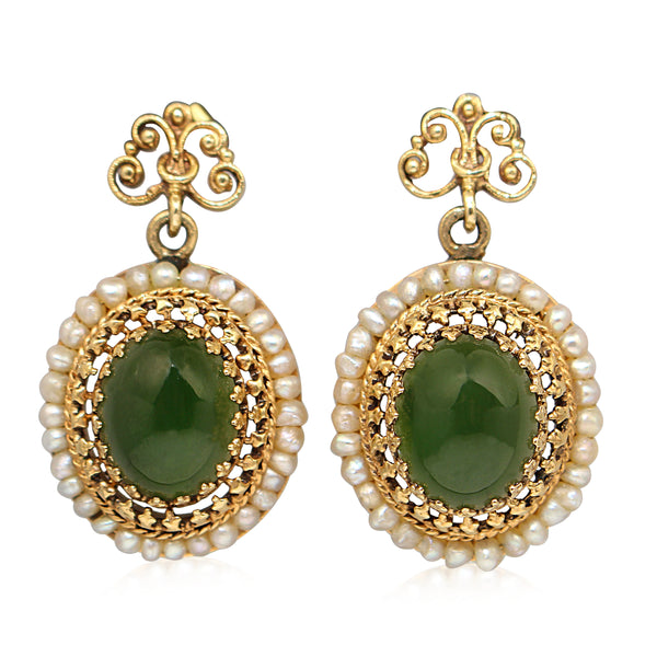 14ct Yellow Gold Jade and Pearl Earrings