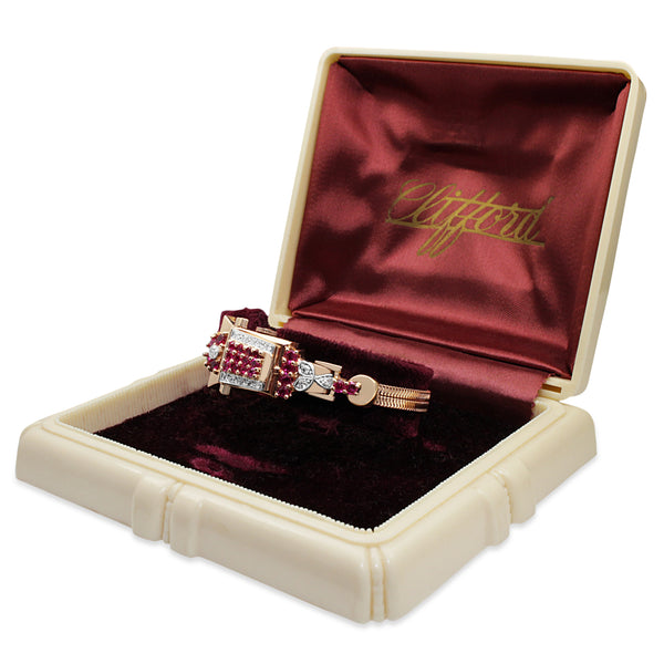 14ct Rose Gold Art Deco Ruby and Diamond Watch / Bracelet