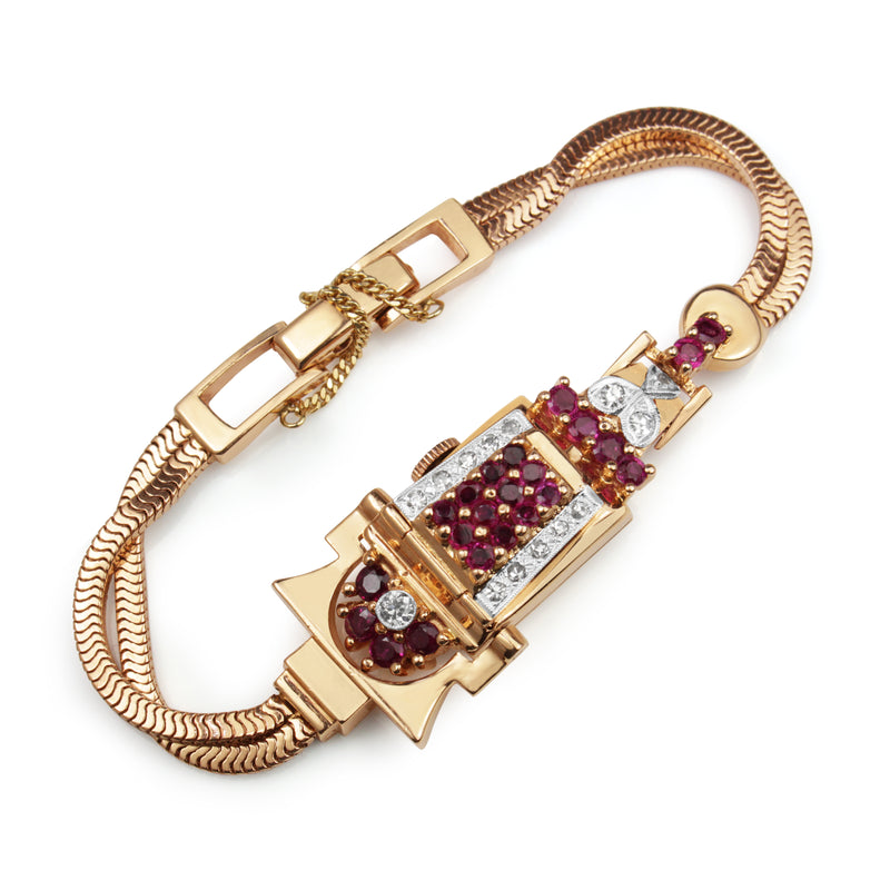 14ct Rose Gold Art Deco Ruby and Diamond Watch / Bracelet