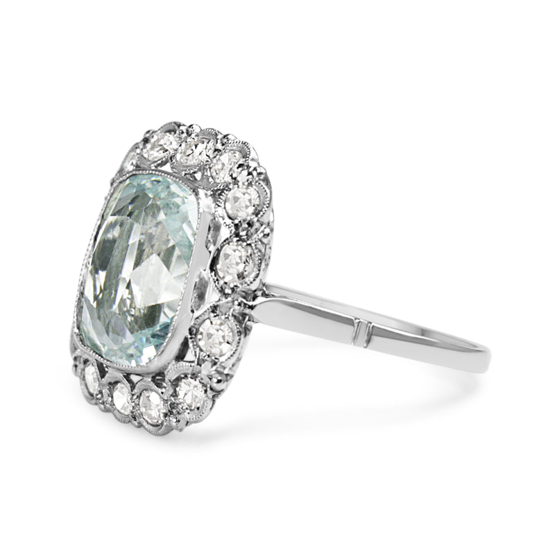 Platinum Art Deco Aquamarine and Single Cut Diamond Ring