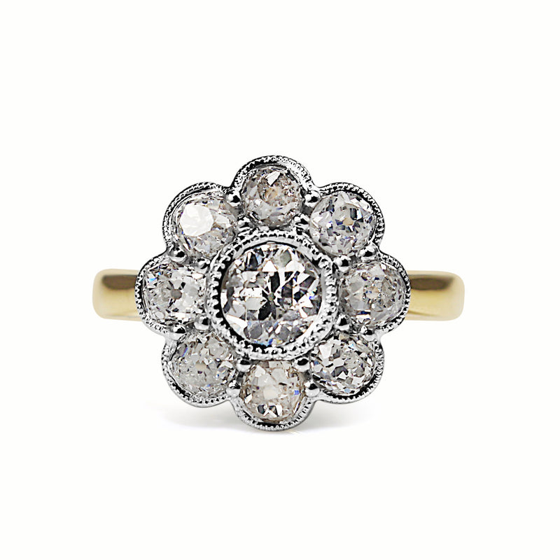 18ct Yellow Gold and Platinum Old Cut Diamond Daisy Ring