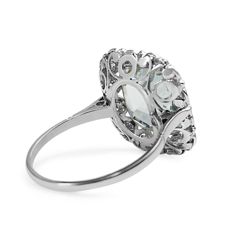 Platinum Art Deco Aquamarine and Single Cut Diamond Ring