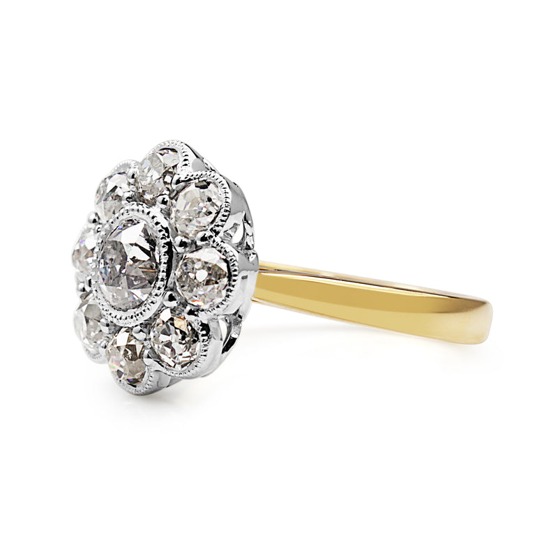 18ct Yellow Gold and Platinum Old Cut Diamond Daisy Ring