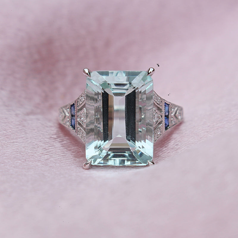 18ct White Gold Aquamarine, Sapphire and Diamond Ring