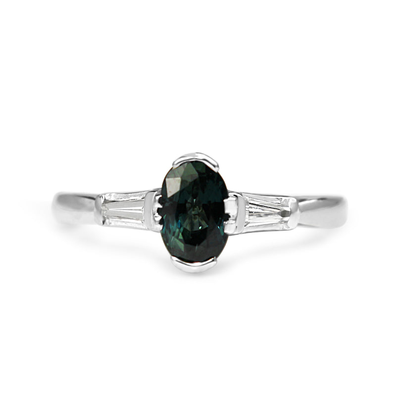 Platinum Oval Teal Sapphire and Diamond Ring