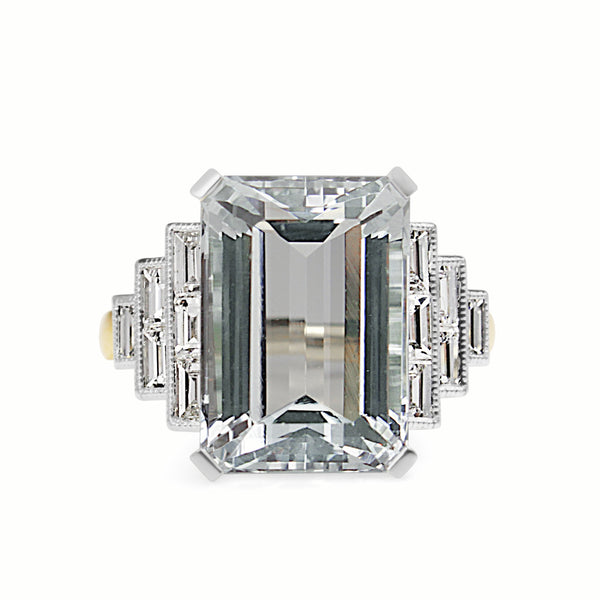 18ct Yellow and White Gold Aquamarine and Diamond Art Deco Style Ring