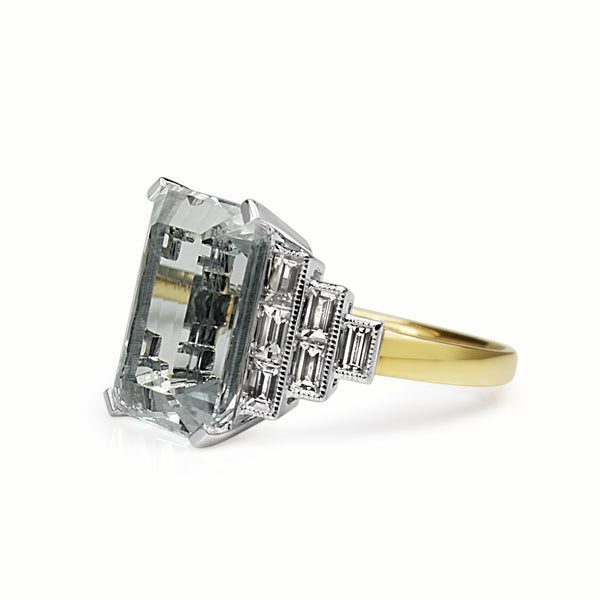 18ct Yellow and White Gold Aquamarine and Diamond Art Deco Style Ring