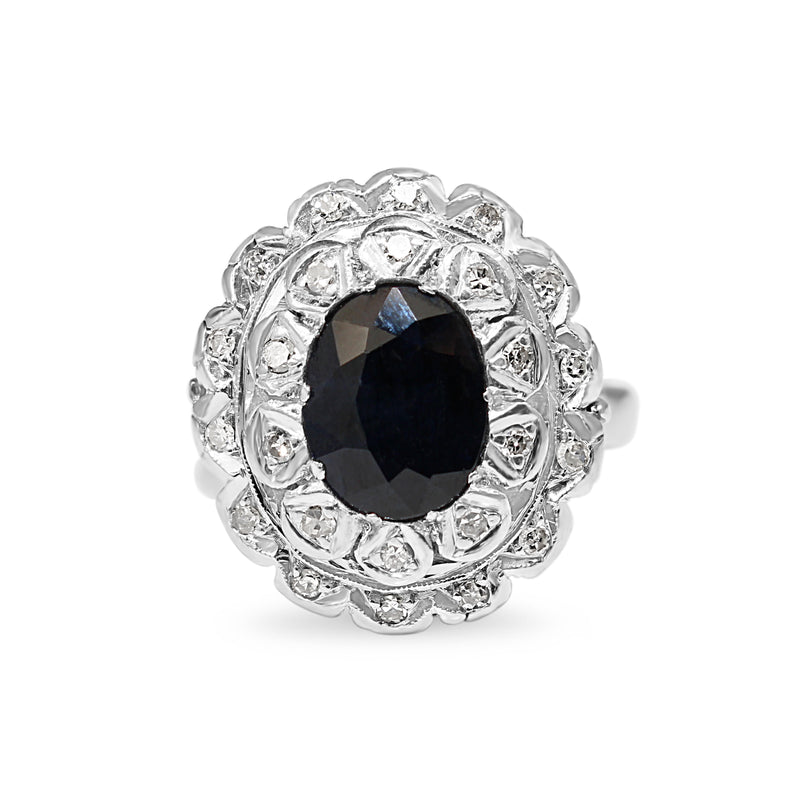 Palladium Vintage Sapphire and Diamond Cluster Ring