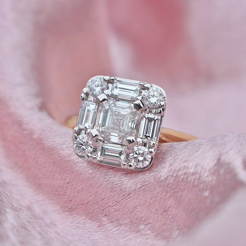 18ct Yellow and White Gold Asscher and Baguette Diamond Ring