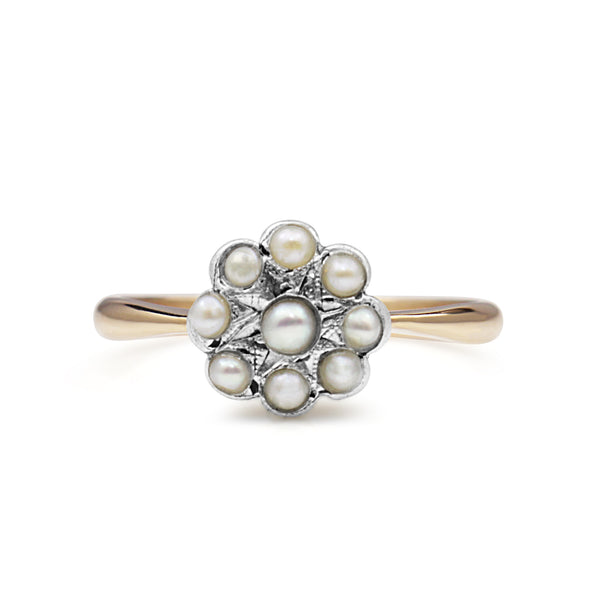 9ct Gold and Silver Antique Pearl Daisy / Flower Ring