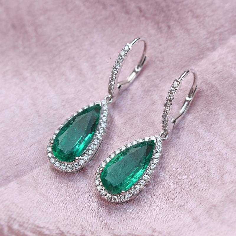 18ct White Gold Teardrop Emerald and Diamond Halo Earrings