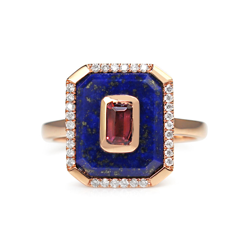 9ct Rose Gold Lapis, Tourmaline and Diamond Ring