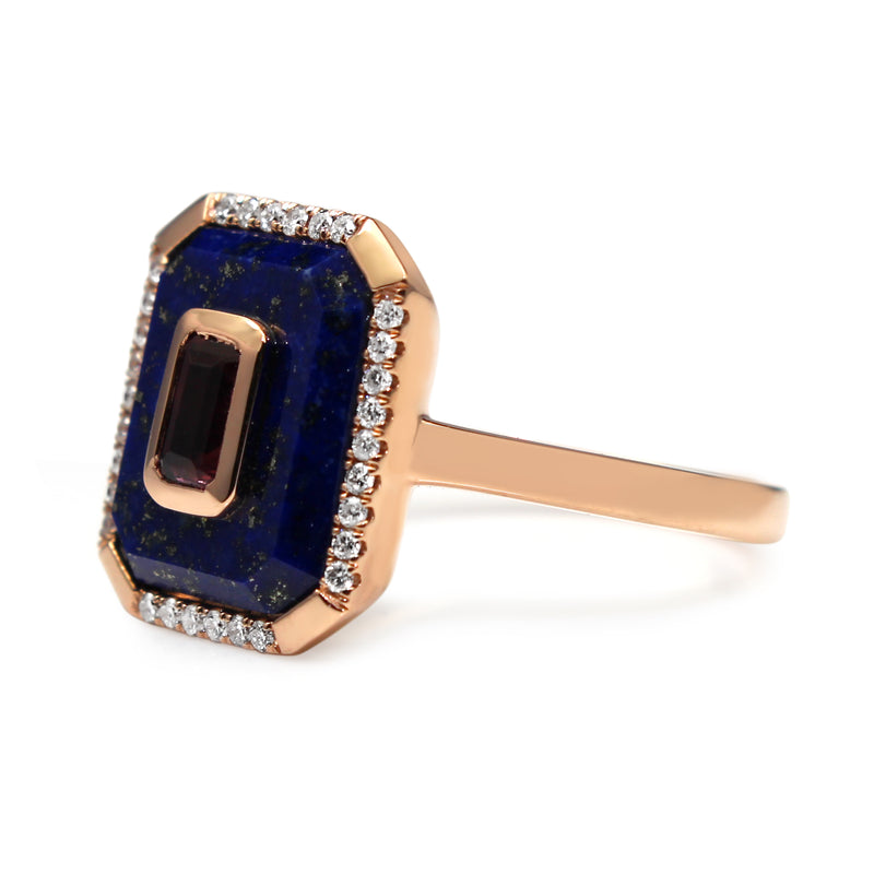 9ct Rose Gold Lapis, Tourmaline and Diamond Ring