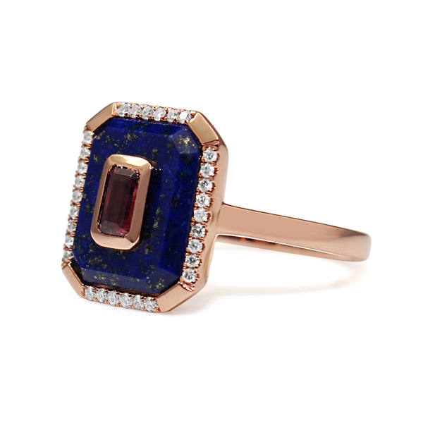 9ct Rose Gold Lapis, Tourmaline and Diamond Ring