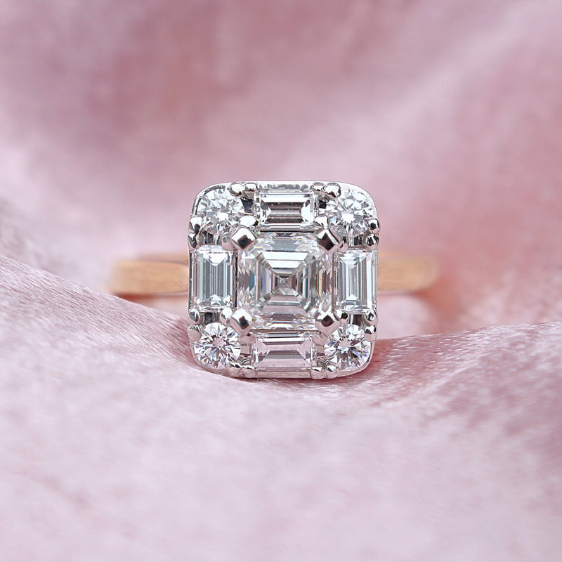 18ct Yellow and White Gold Asscher and Baguette Diamond Ring