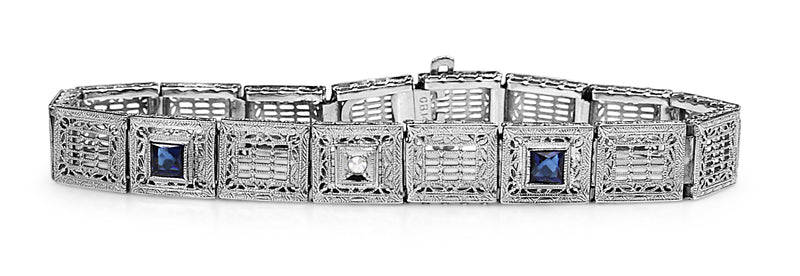 14ct White Gold Art Deco Synthetic Sapphire and Single Cut Diamond Bracelet