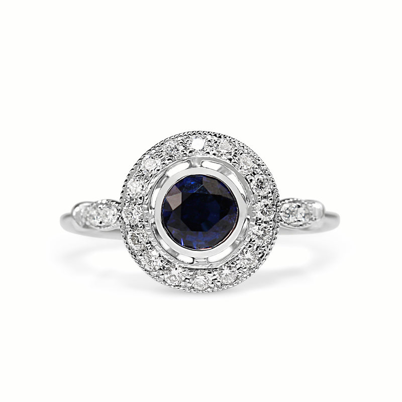 18ct White Gold Sapphire and Diamond Halo Ring