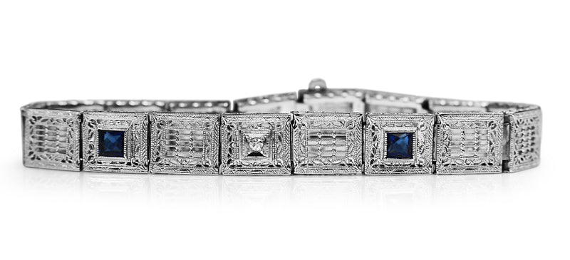 14ct White Gold Art Deco Synthetic Sapphire and Single Cut Diamond Bracelet