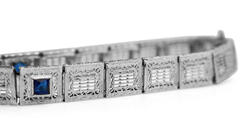 14ct White Gold Art Deco Synthetic Sapphire and Single Cut Diamond Bracelet