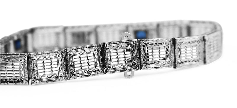 14ct White Gold Art Deco Synthetic Sapphire and Single Cut Diamond Bracelet