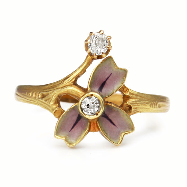 18ct Yellow Gold Antique French Enamel and Old Cut Diamond Ring