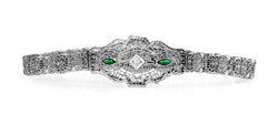 14ct White Gold Art Deco Synthetic Emerald and Old Cut Diamond Bracelet