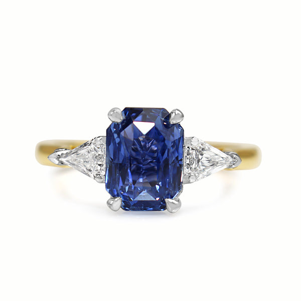 18ct Yellow and White Gold Cornflower Blue Sapphire and Trillion Diamond 3 Stone Ring