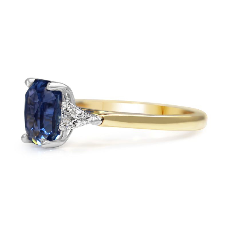 18ct Yellow and White Gold Cornflower Blue Sapphire and Trillion Diamond 3 Stone Ring