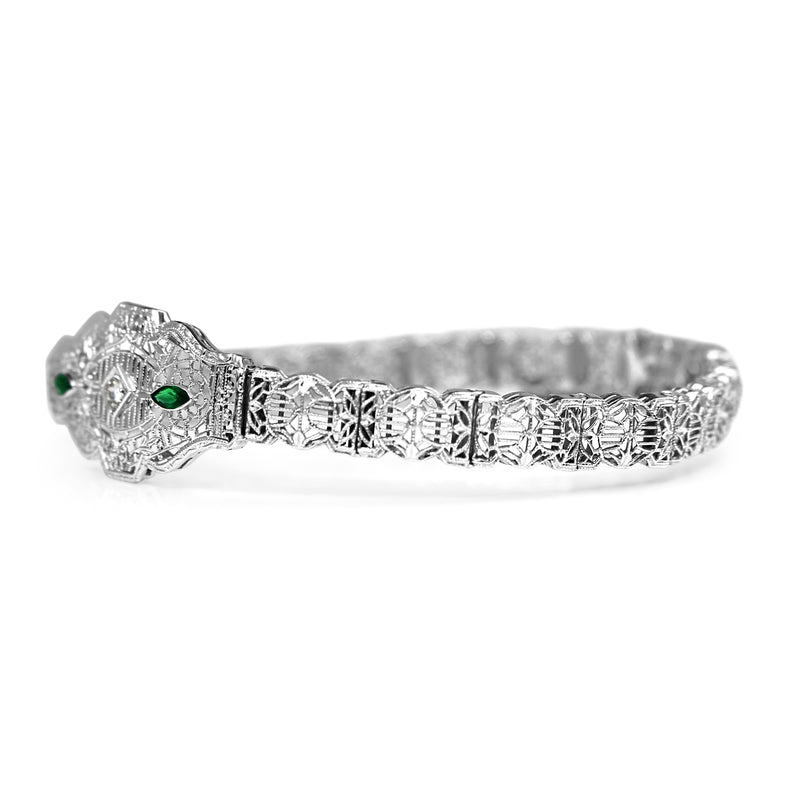 14ct White Gold Art Deco Synthetic Emerald and Old Cut Diamond Bracelet