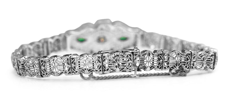 14ct White Gold Art Deco Synthetic Emerald and Old Cut Diamond Bracelet