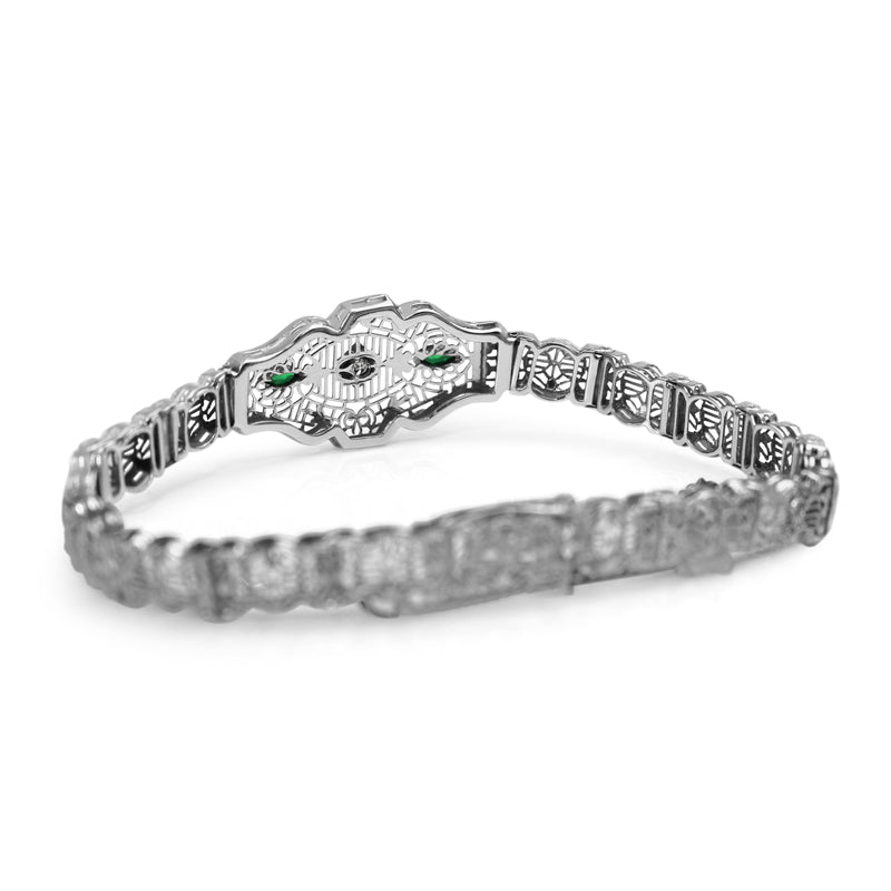 14ct White Gold Art Deco Synthetic Emerald and Old Cut Diamond Bracelet