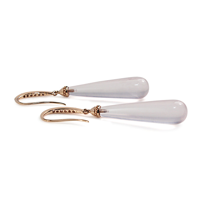 18ct Rose Gold Diamond and Rose Quartz Drop Earrings