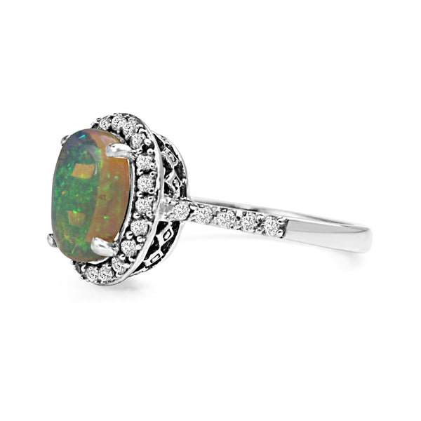 10ct White Gold Opal Diamond Halo Ring