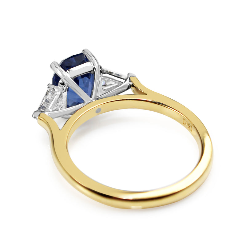 18ct Yellow and White Gold Cornflower Blue Sapphire and Trillion Diamond 3 Stone Ring