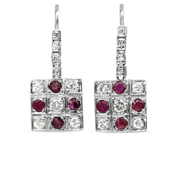 Palladium and 18ct White Gold Vintage Ruby and Diamond Checkerboard Earrings