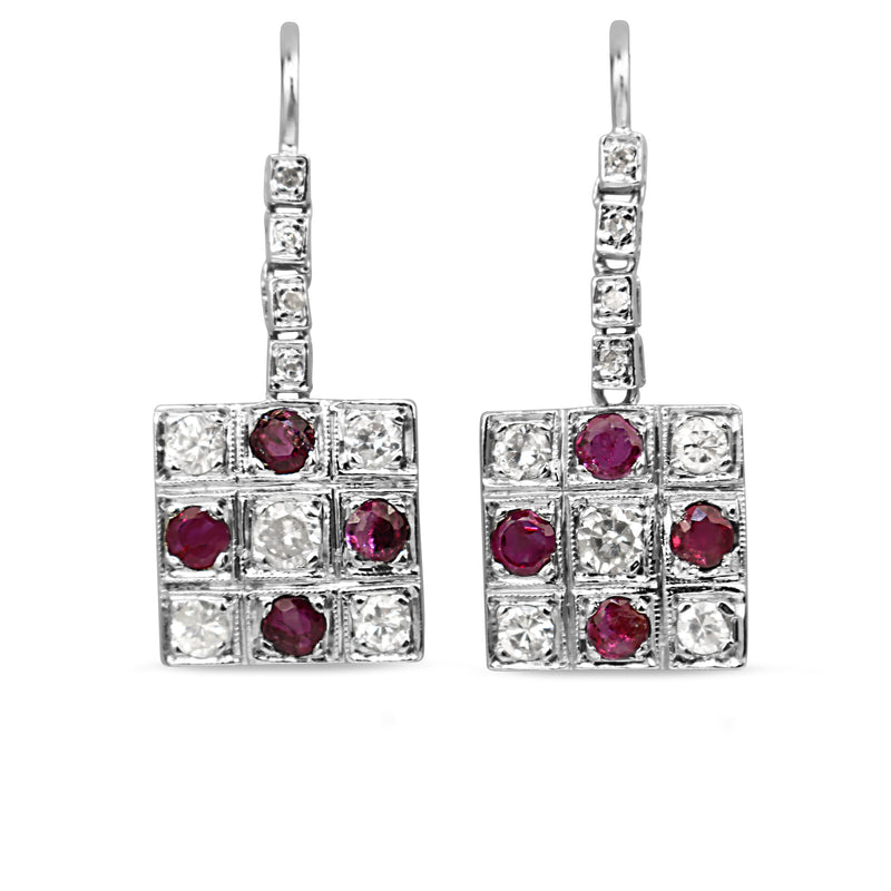 Palladium and 18ct White Gold Vintage Ruby and Diamond Checkerboard Earrings