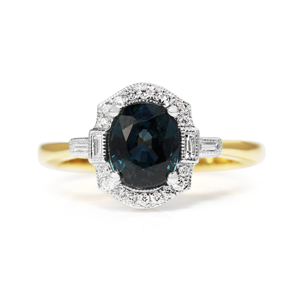 18ct Yellow and White Gold Deco Style Sapphire and Diamond Ring