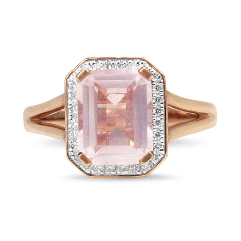 9ct Rose Gold Rose Quartz Diamond Halo Ring