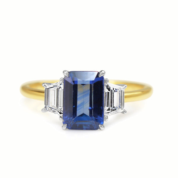 18ct Yellow and White Gold Emerald Cut Sapphire and Baguette Diamond Ring