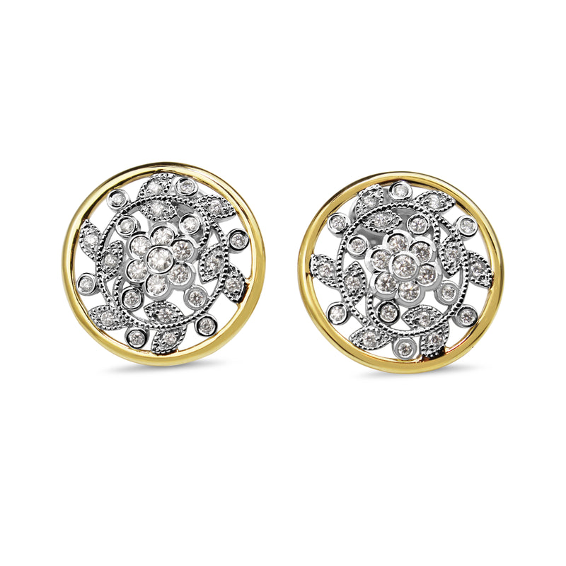9ct Yellow and White Gold Floral Diamond Stud Earrings