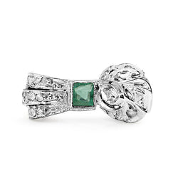 Palladium Art Deco Emerald and Rose Cut Diamond Bow Ring