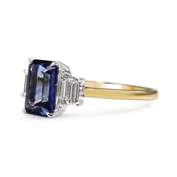 18ct Yellow and White Gold Emerald Cut Sapphire and Baguette Diamond Ring