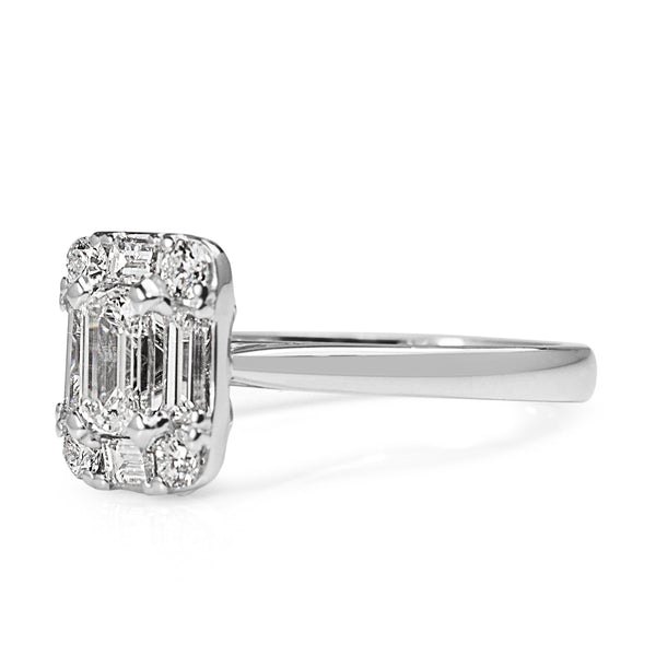 18ct White Gold Emerald Cut Diamond Deco Style Ring