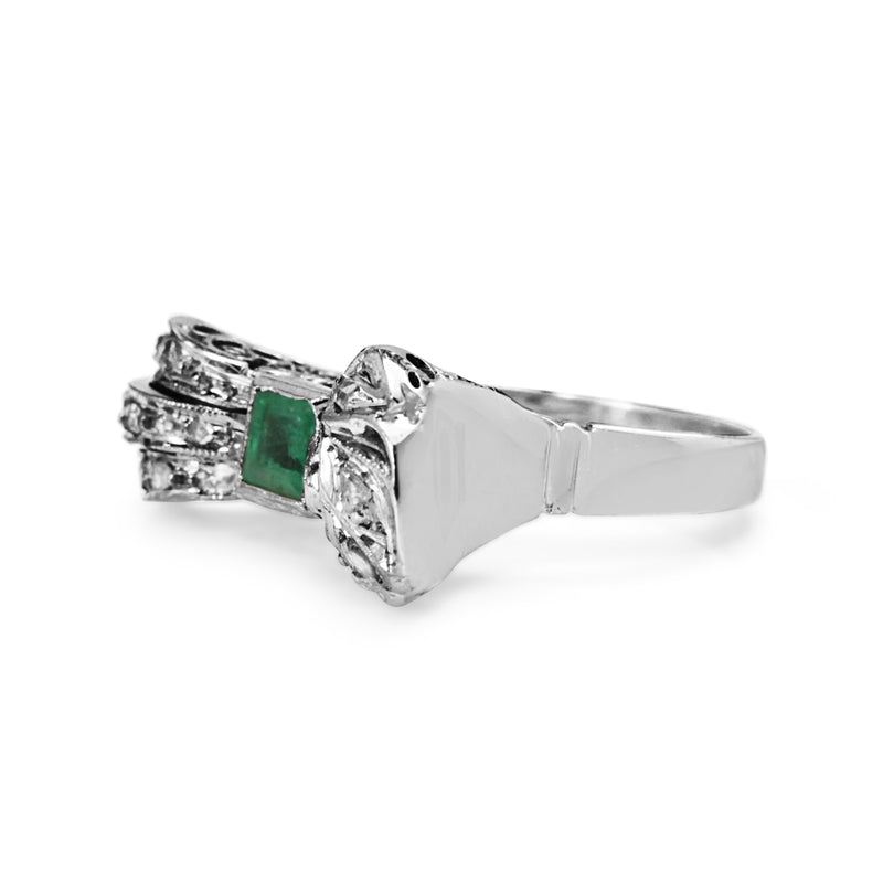 Palladium Art Deco Emerald and Rose Cut Diamond Bow Ring