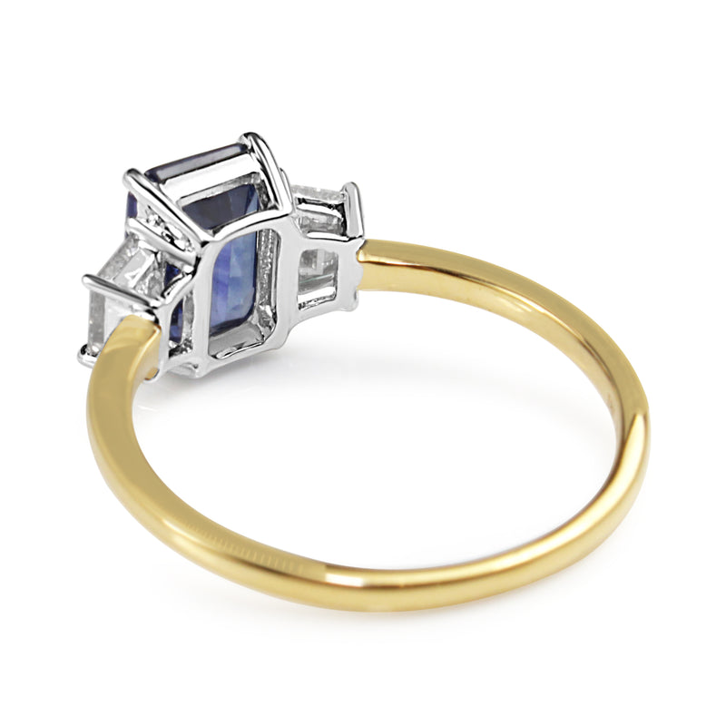 18ct Yellow and White Gold Emerald Cut Sapphire and Baguette Diamond Ring