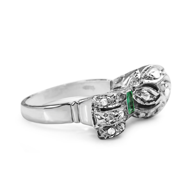 Palladium Art Deco Emerald and Rose Cut Diamond Bow Ring