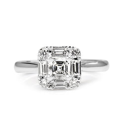 18ct White Gold Deco Style Asscher Cut Diamond Halo Ring