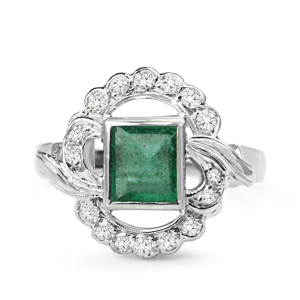 Palladium Art Deco Emerald and Diamond Ring